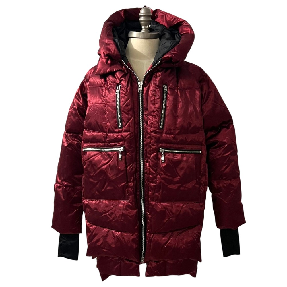 Orolay Shiny‎ Burgundy Thickened Down Jacket Puffer Hooded Coat Thumbholes XS